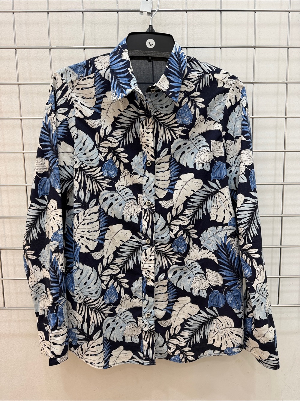 Women's Navy Blue Floral-Leaf Button-Down Shirt